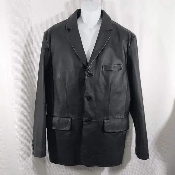 EXCELLED! LUXURIOUS BLACK GENUINE LEATHER TAILORED FREES JACKET, BLAZER! SZ M
